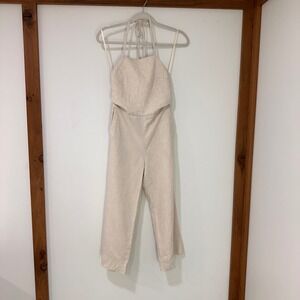 Club Monaco Halter Open Back Jumpsuit Womens 00 Beige Linen Blend | Minimalist